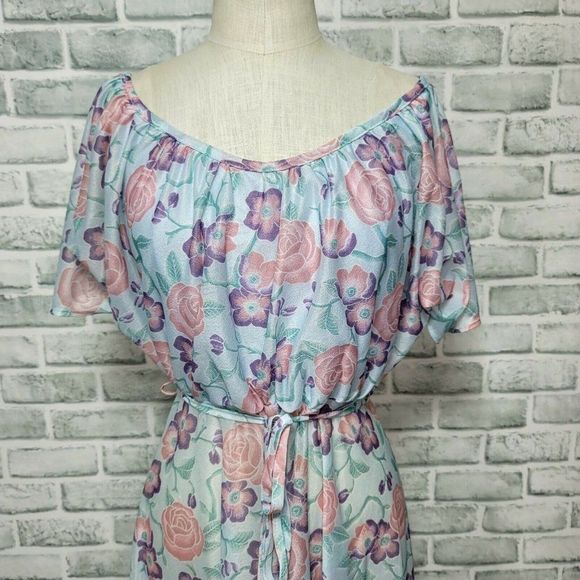 Vintage 70s 80s Sheer Floral Midi Off the Shoulders Flutter Sleeve Summer Midi - Picture 3 of 9